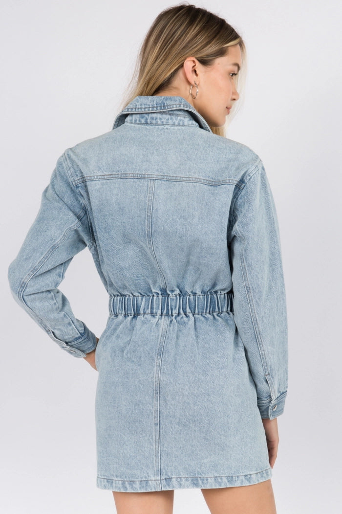 white christmas dresses Denim Collared V Neck Cinched Waist Sleeveless Dress *FINAL SALE* – SSYS main image 1
